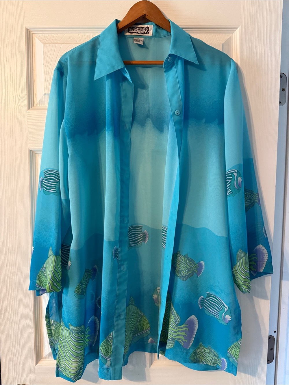 Turquoise Fish Print Sheer Swim Coverup